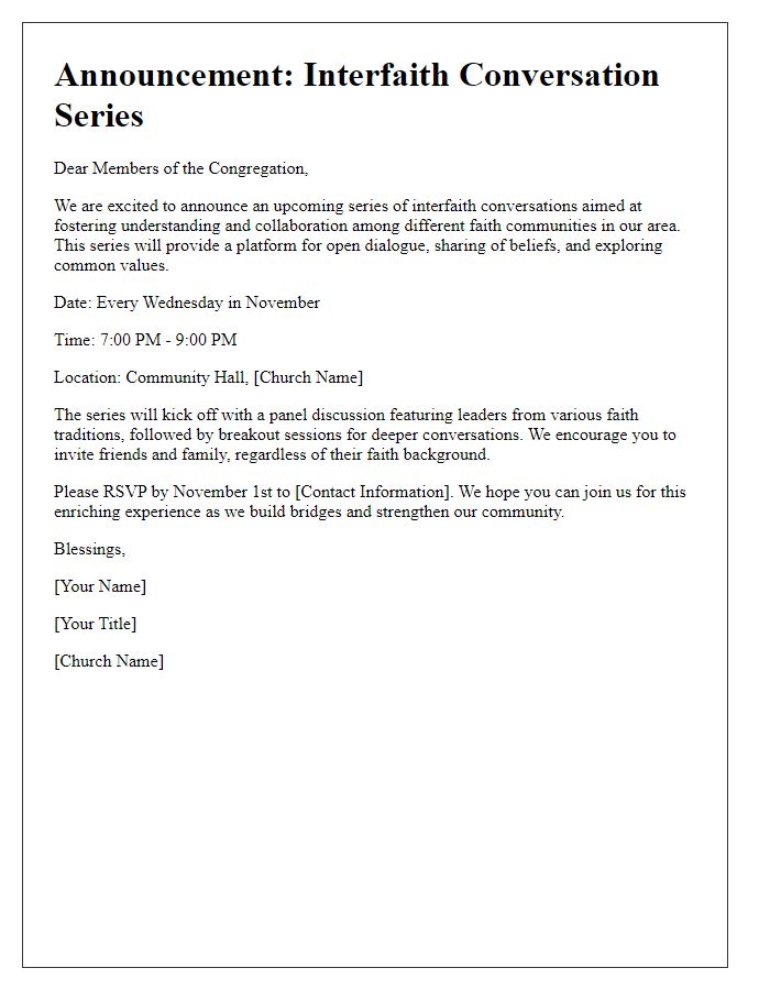 Letter template of announcement for church interfaith conversation series