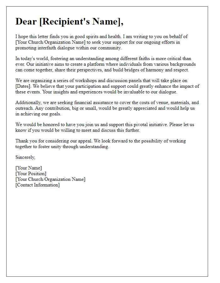 Letter template of appeal for support in church interfaith dialogue efforts