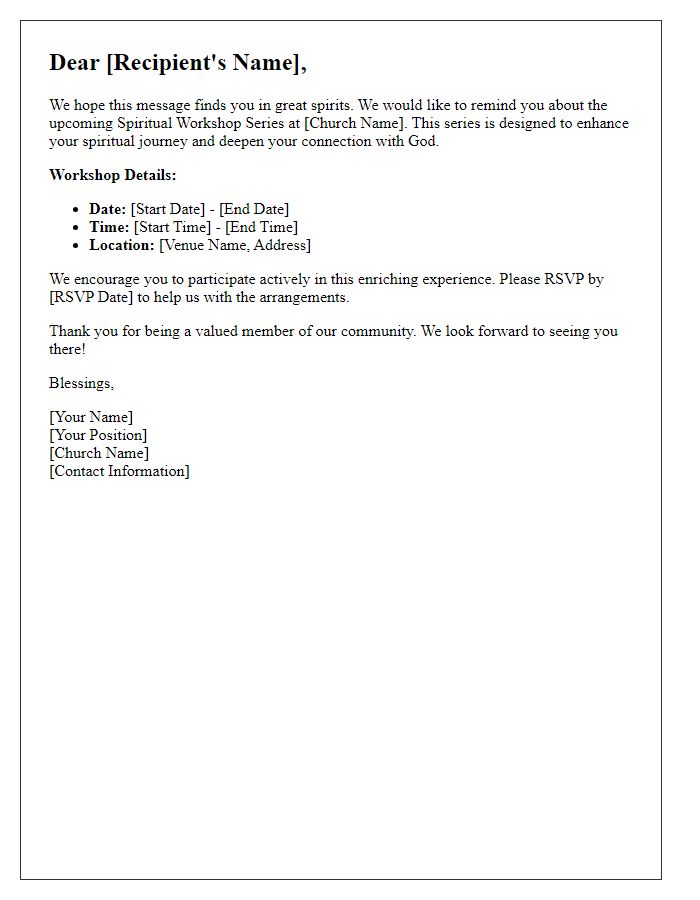 Letter template of reminder for church spiritual workshop series