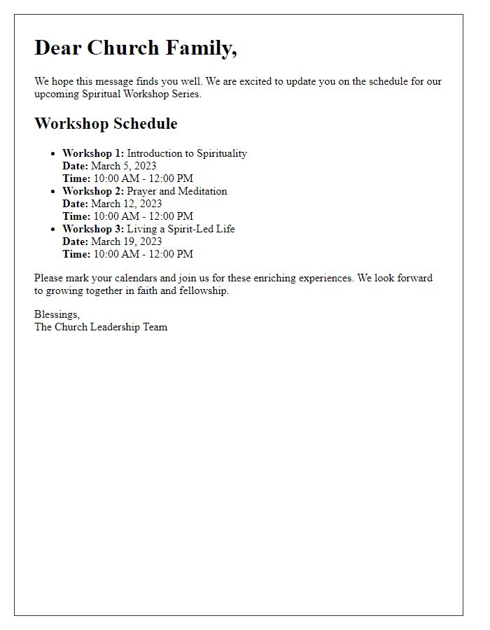 Letter template of update on church spiritual workshop series schedule