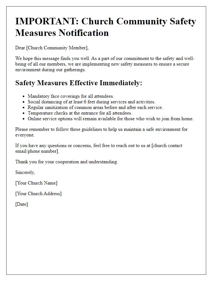 Letter template of church community safety measures notification