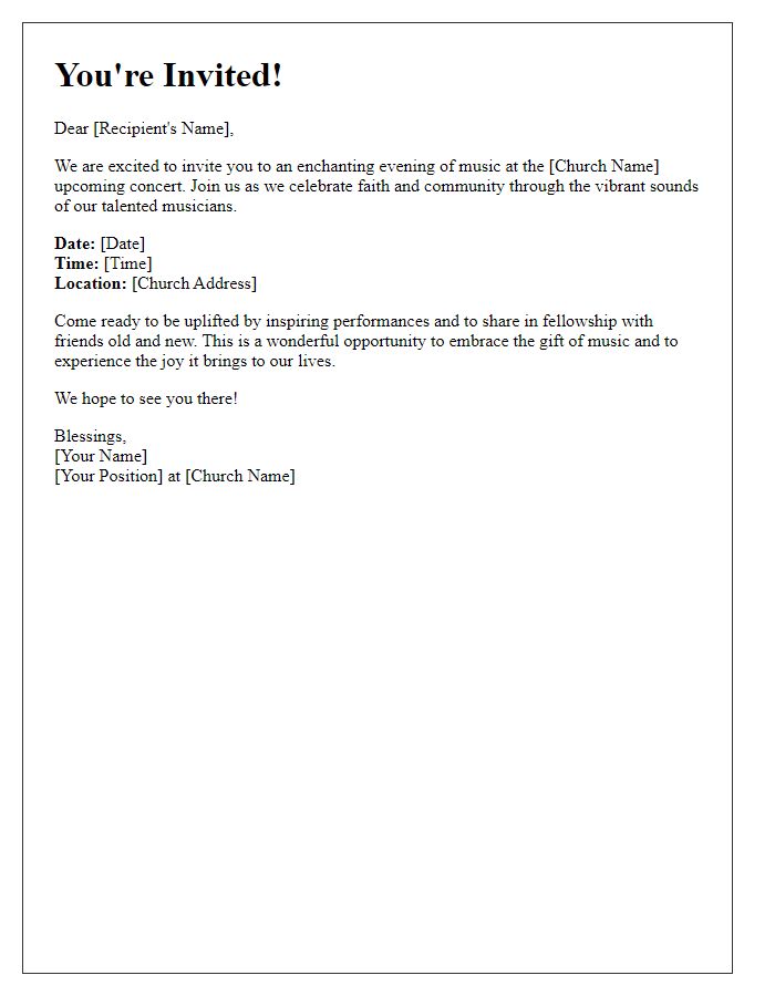 Letter template of engaging invitation to enjoy our church's vibrant musical concert.