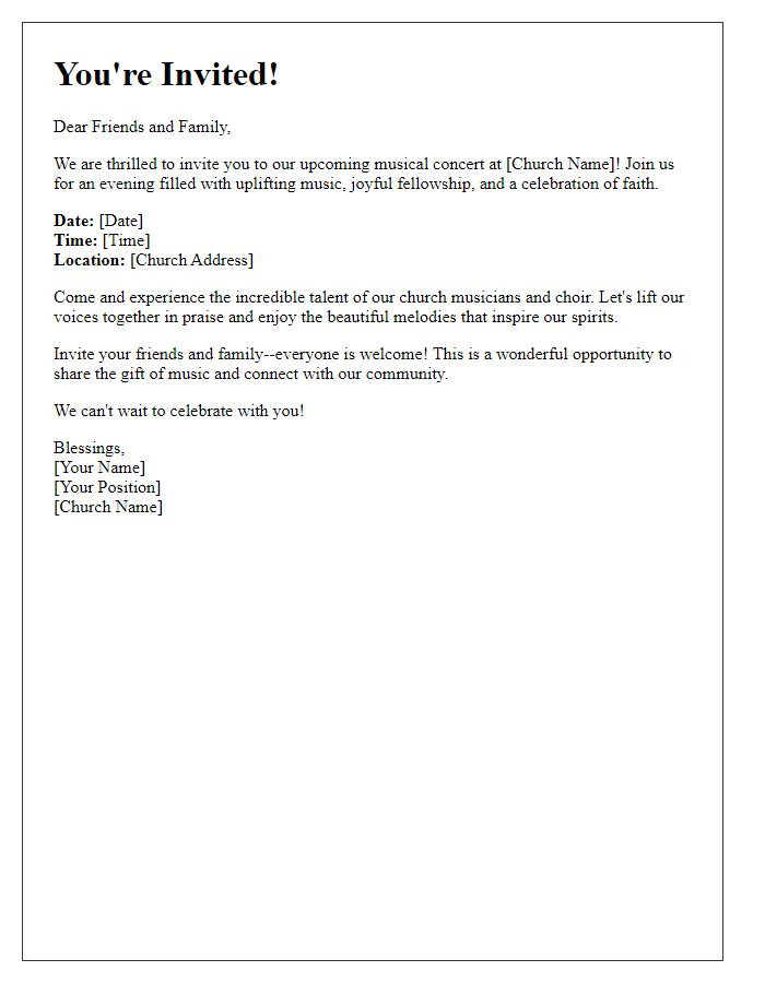 Letter template of enthusiastic invitation to join us for our church's musical concert.