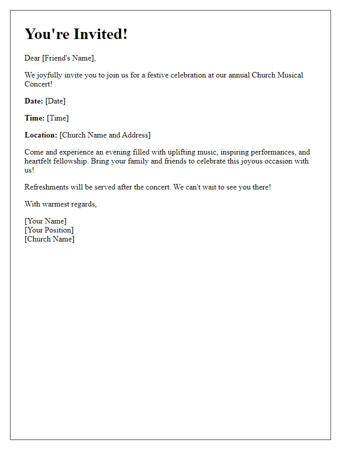 Letter template of festive invitation to celebrate with us at our church musical concert.