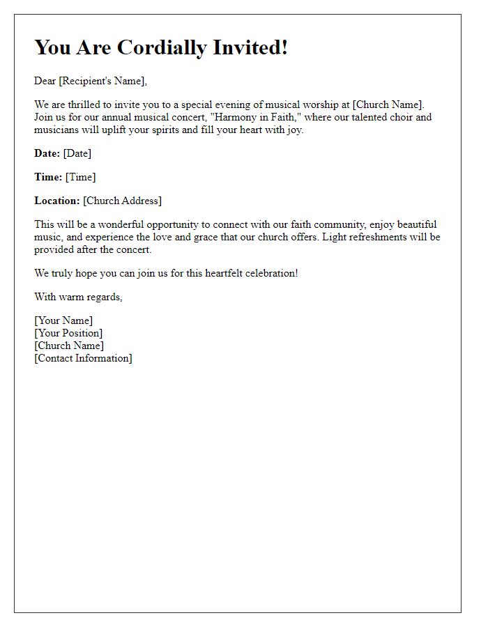 Letter template of heartfelt invitation to experience our church's musical concert.