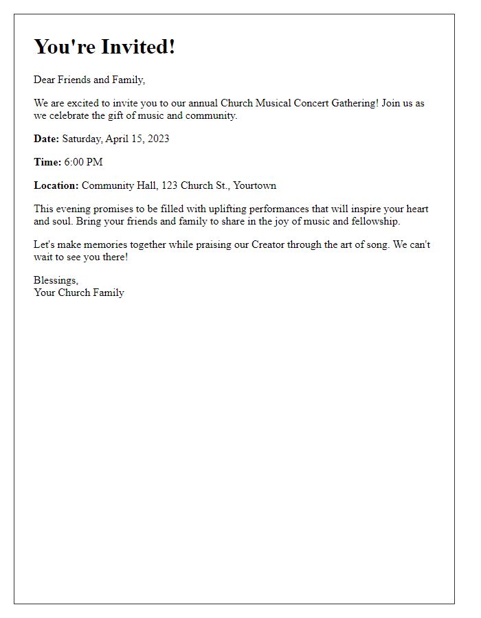 Letter template of inspirational invitation to our church musical concert gathering.