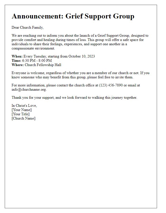 Letter template of announcement for church grief support group