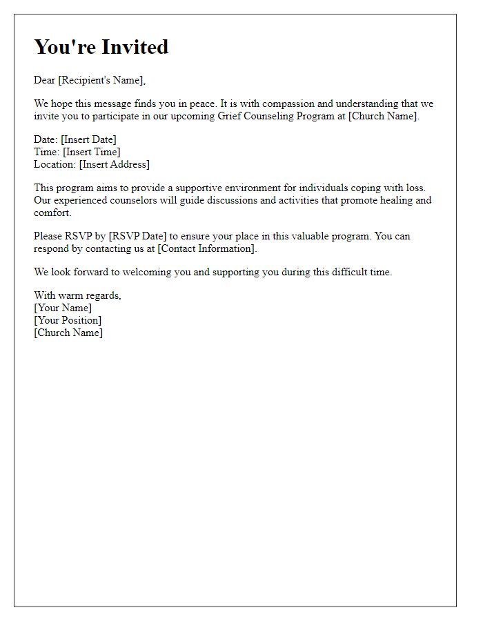 Letter template of invitation to church grief counseling program