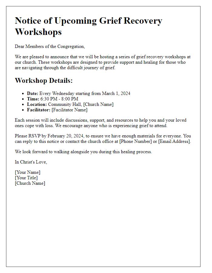 Letter template of notice for church grief recovery workshops