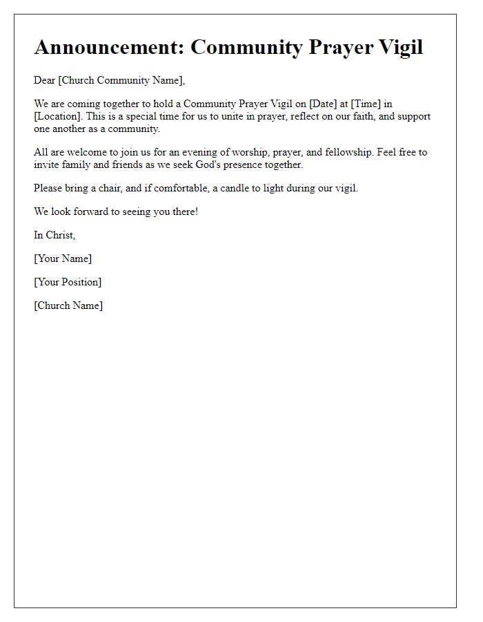 Letter template of announcement for church community prayer vigil