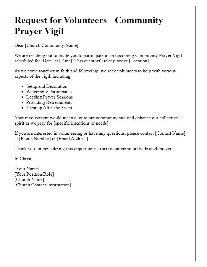 Letter template of request for volunteers for church community prayer vigil