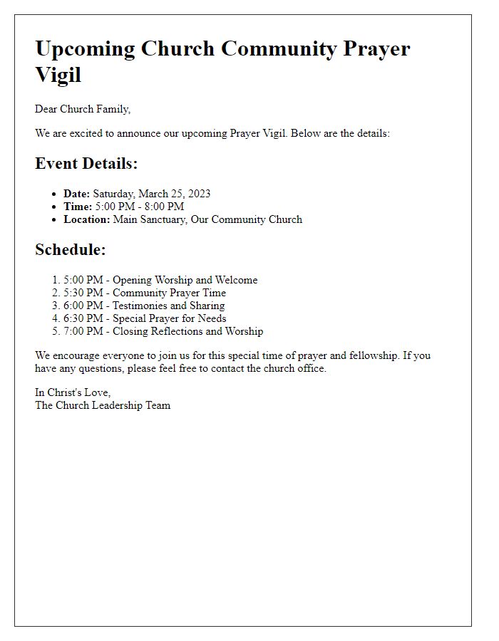 Letter template of schedule for upcoming church community prayer vigil