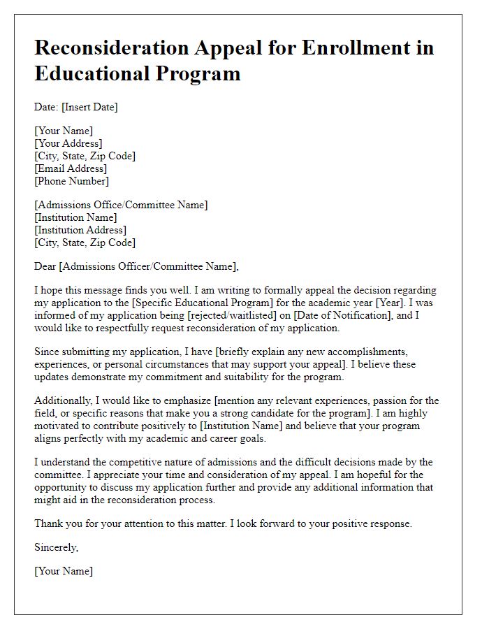 Letter template of appeal for educational program enrollment reconsideration