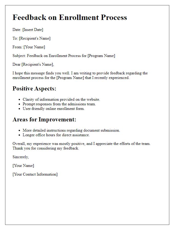 Letter template of feedback on educational program enrollment process