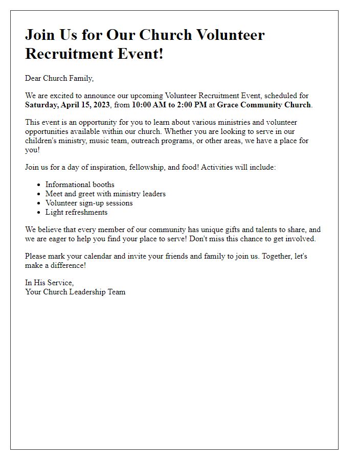 Letter template of announcement for church volunteer recruitment event.