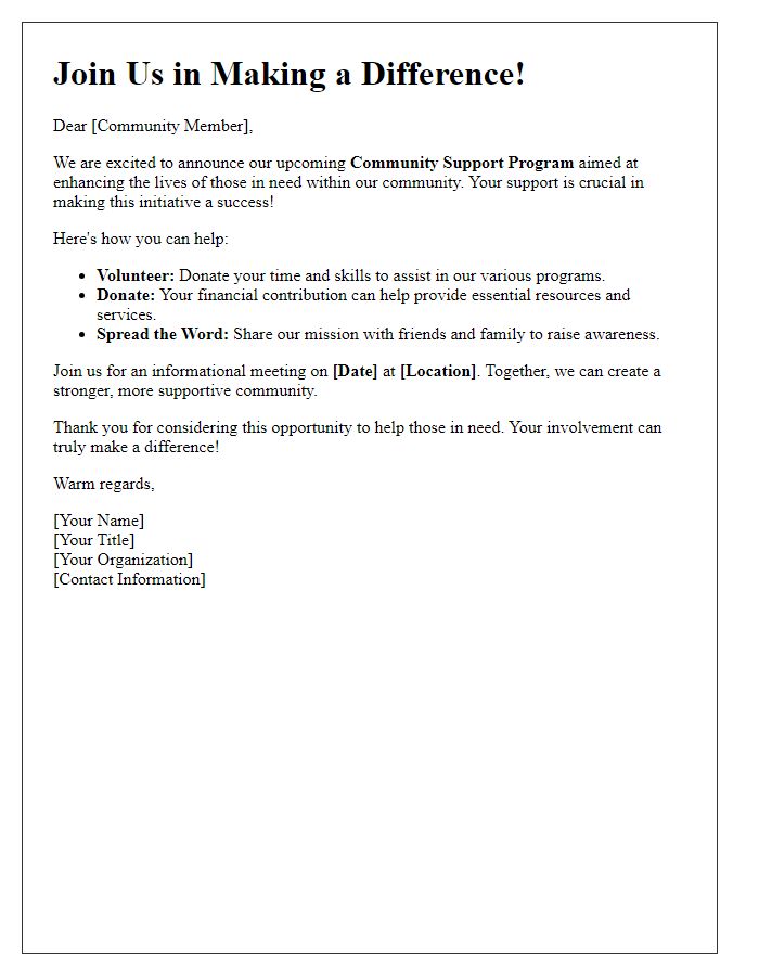 Letter template of call to action for community support program.