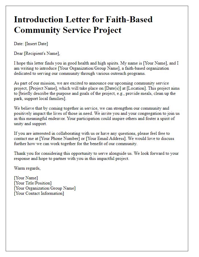 Letter template of introduction for faith-based community service project.