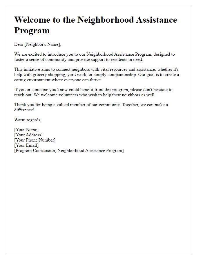 Letter template of introduction for neighborhood assistance program.