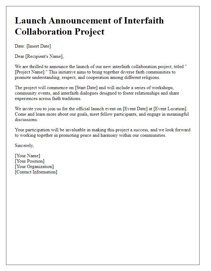 Letter template of launch announcement for interfaith collaboration project.