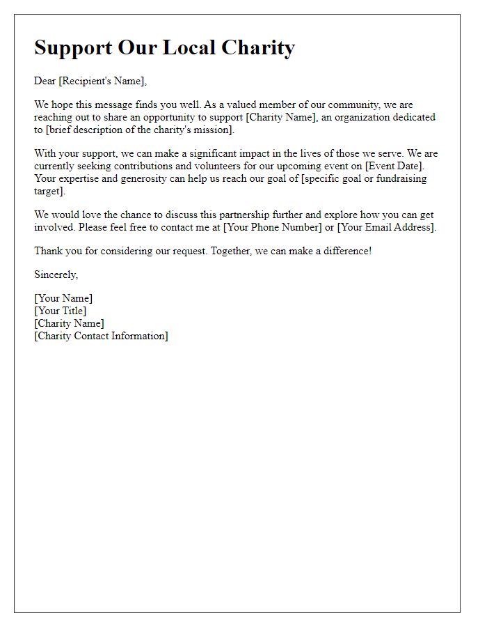 Letter template of outreach effort for local charity support.