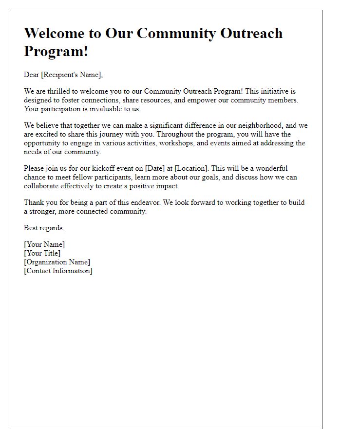 Letter template of welcoming message for community outreach program.