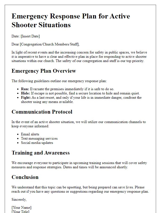 Letter template of church emergency response plan for active shooter situations