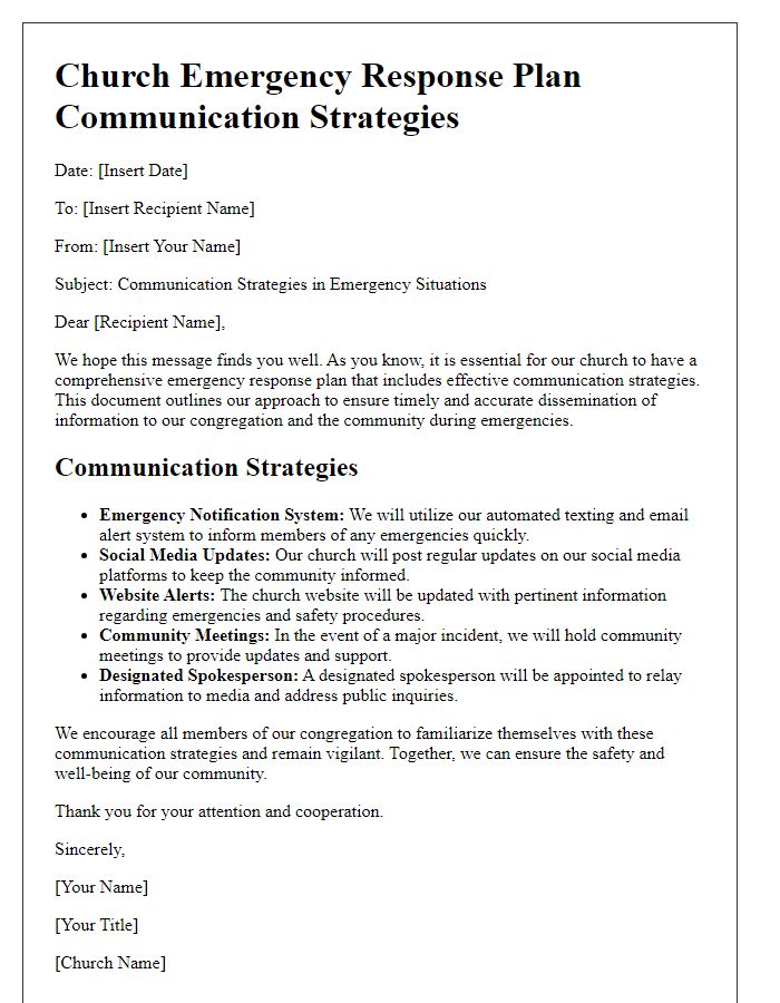 Letter template of church emergency response plan for communication strategies