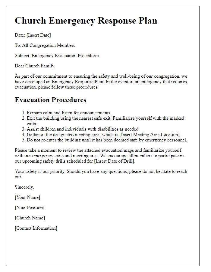 Letter template of church emergency response plan for evacuation procedures