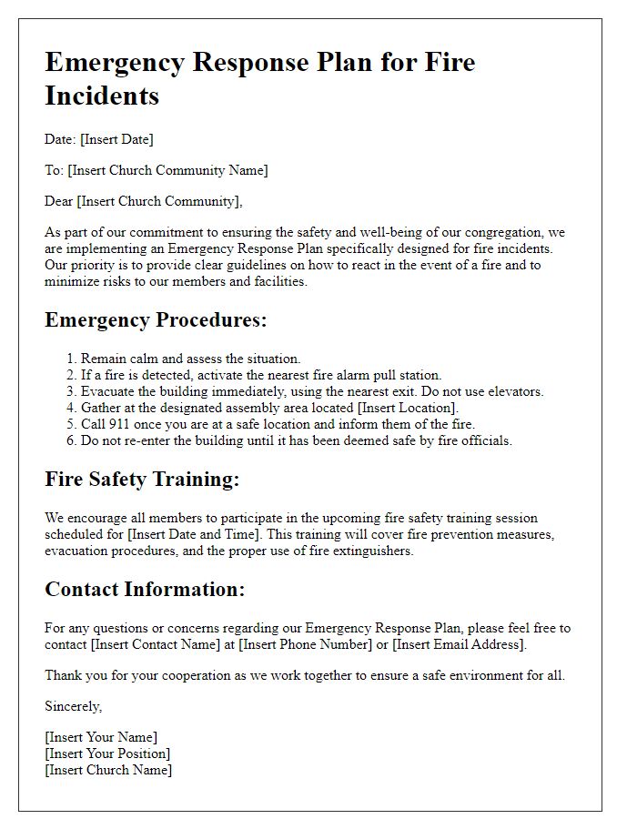 Letter template of church emergency response plan for fire incidents