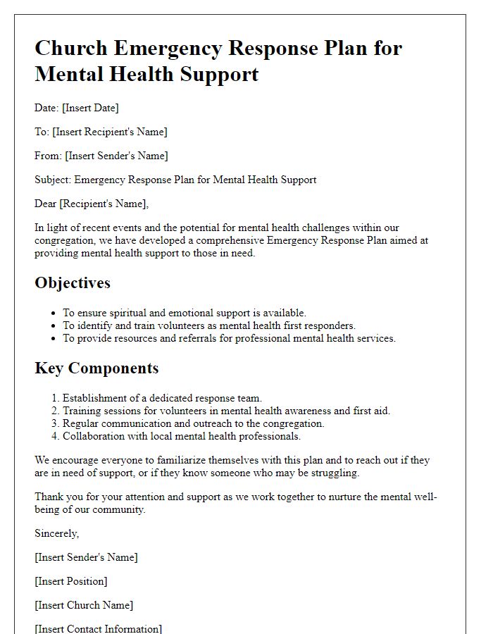 Letter template of church emergency response plan for mental health support