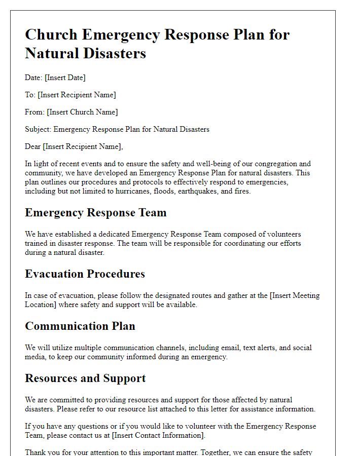 Letter template of church emergency response plan for natural disasters