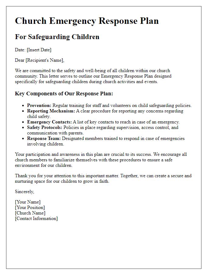 Letter template of church emergency response plan for safeguarding children