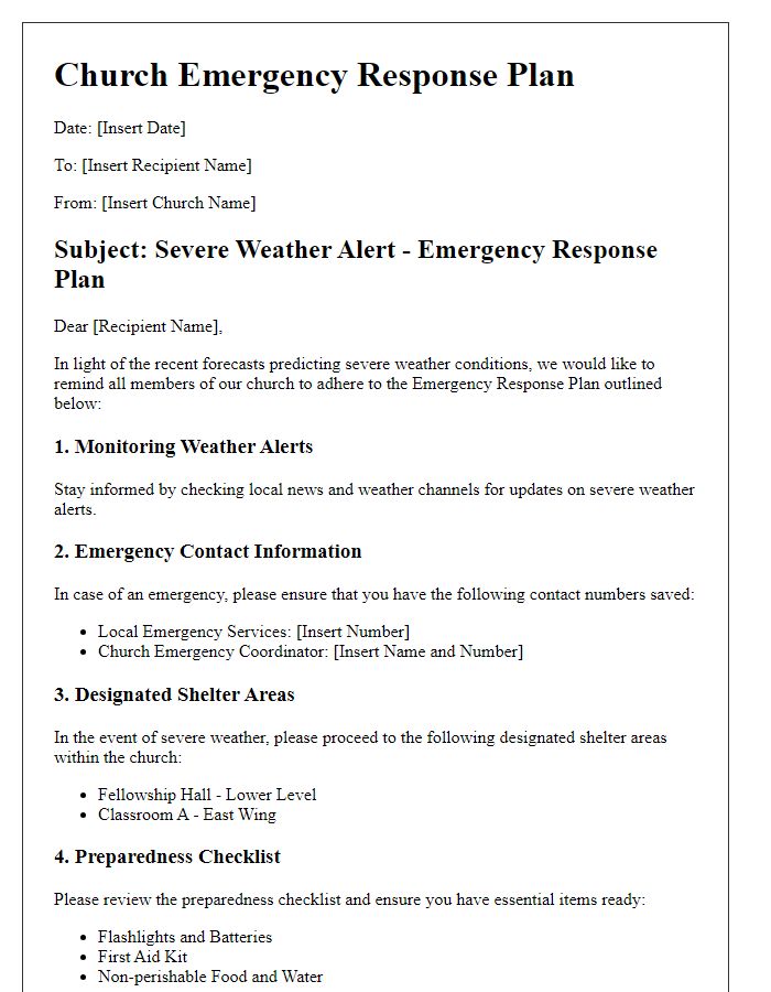 Letter template of church emergency response plan for severe weather alerts