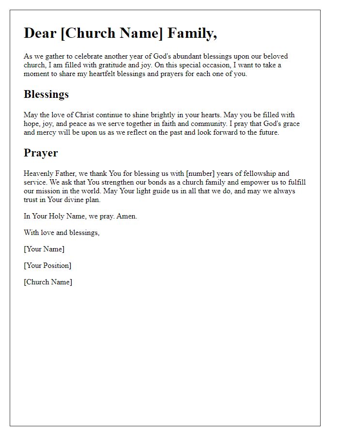 Letter template of blessings and prayers for church anniversary celebration.