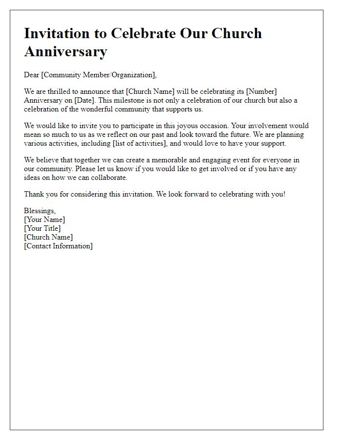 Letter template of community involvement for church anniversary celebration.