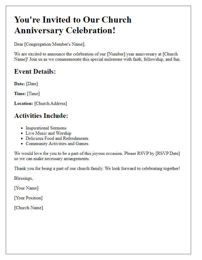 Letter template of promotional message for church anniversary celebration.