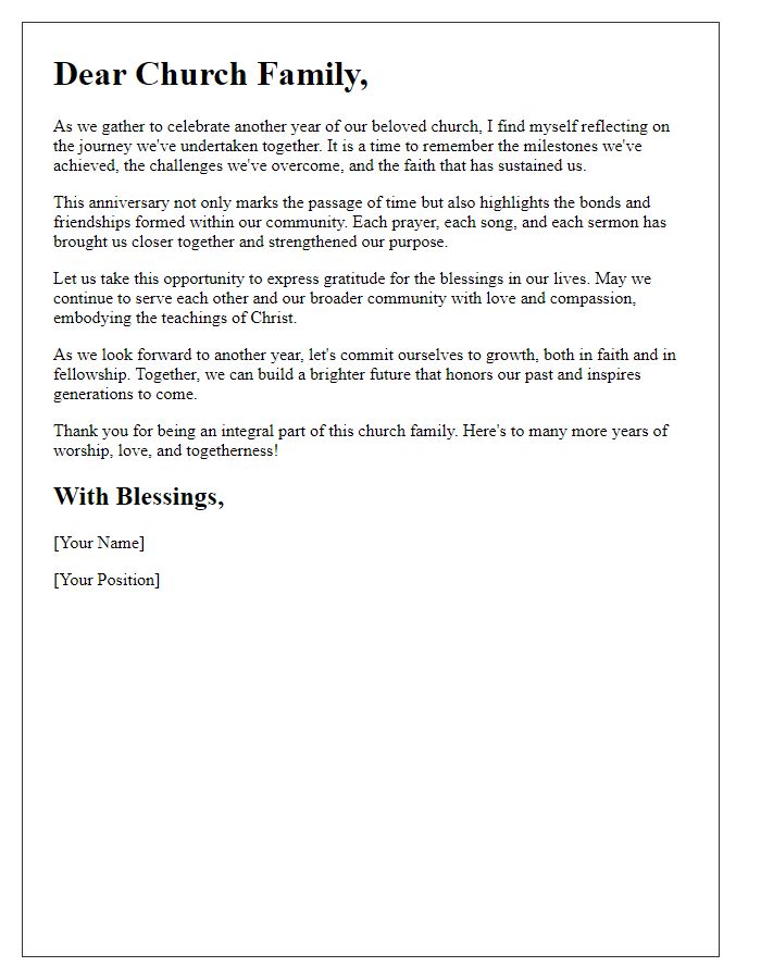 Letter template of reflection for church anniversary celebration.