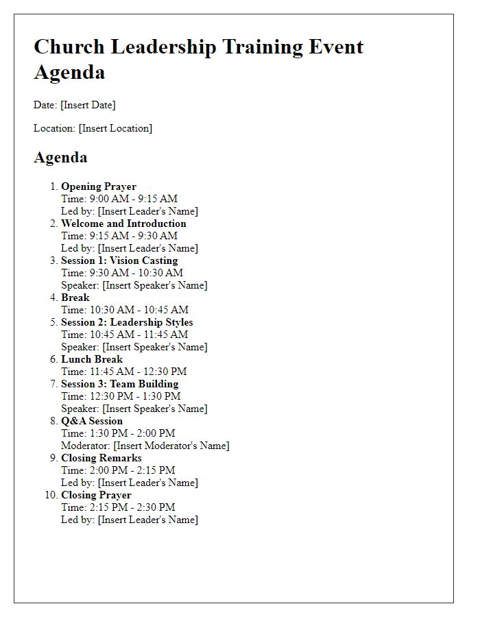 Letter template of agenda for church leadership training training event