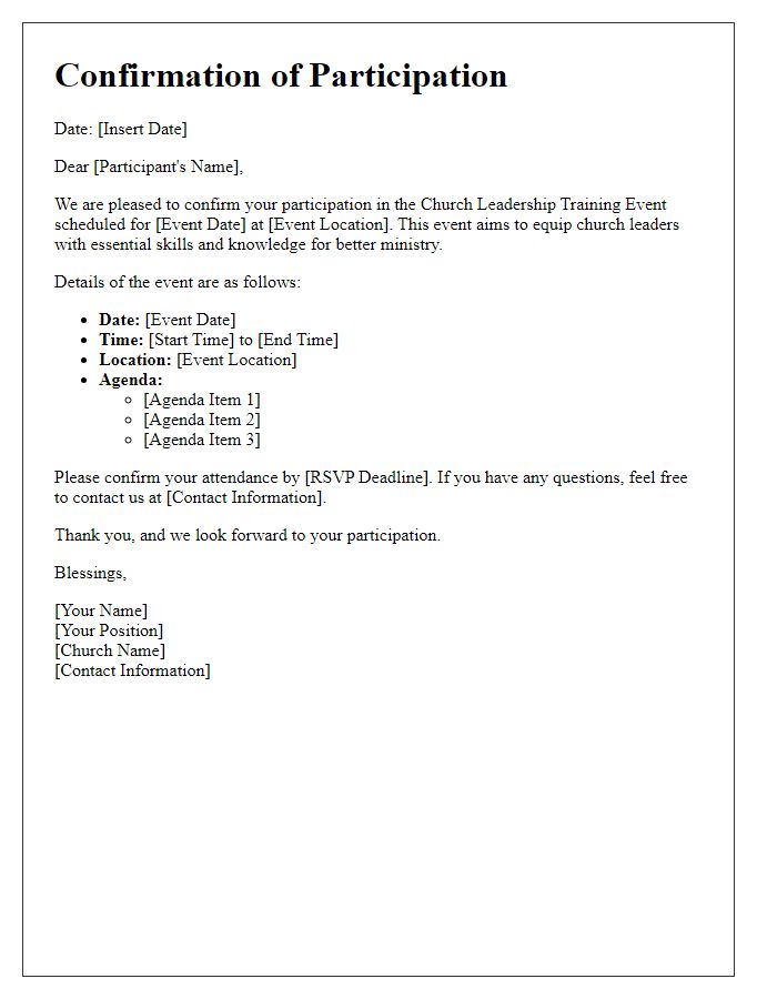 Letter template of confirmation for church leadership training event