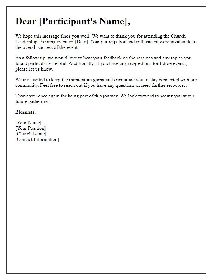 Letter template of follow-up for participants of church leadership training event