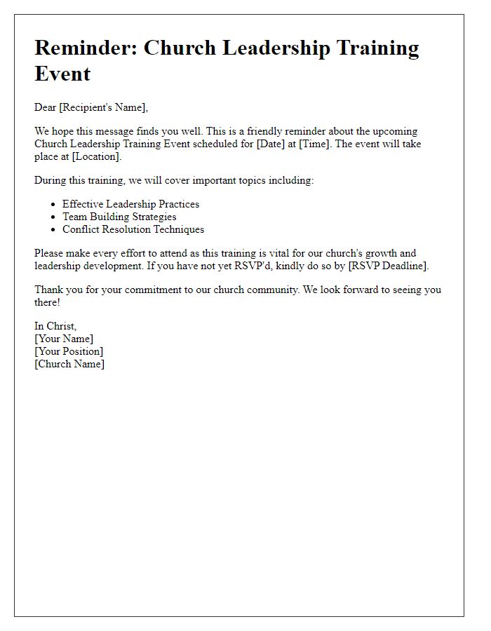 Letter template of reminder for church leadership training event