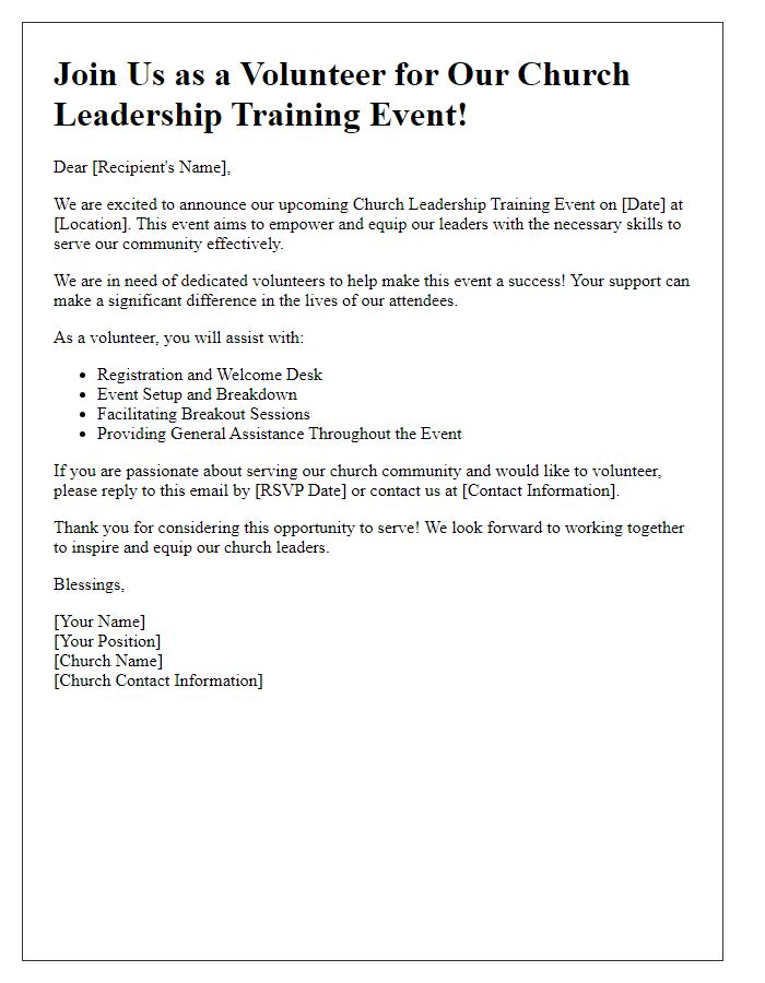 Letter template of volunteer recruitment for church leadership training event