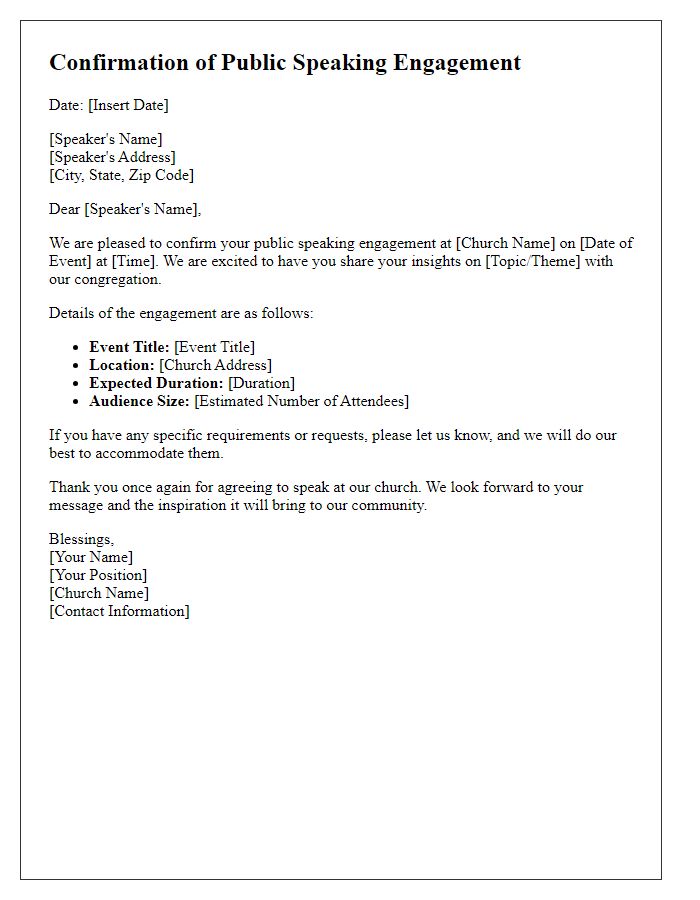 Letter template of confirmation for church public speaking engagement