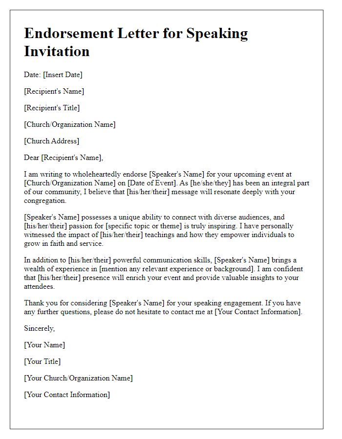 Letter template of endorsement for church speaking invitation