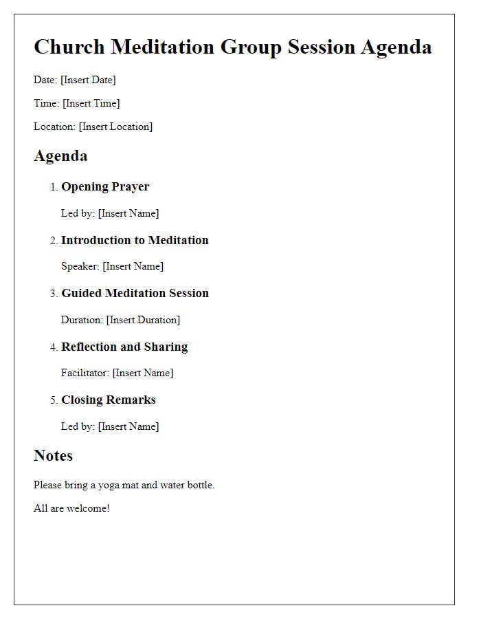 Letter template of agenda for church meditation group session