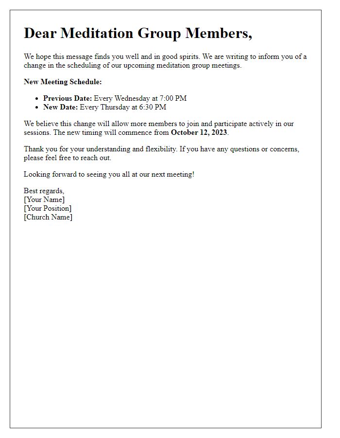 Letter template of scheduling changes for church meditation group meetings