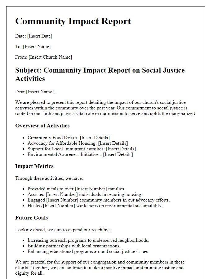 Letter template of community impact report on church social justice activities.