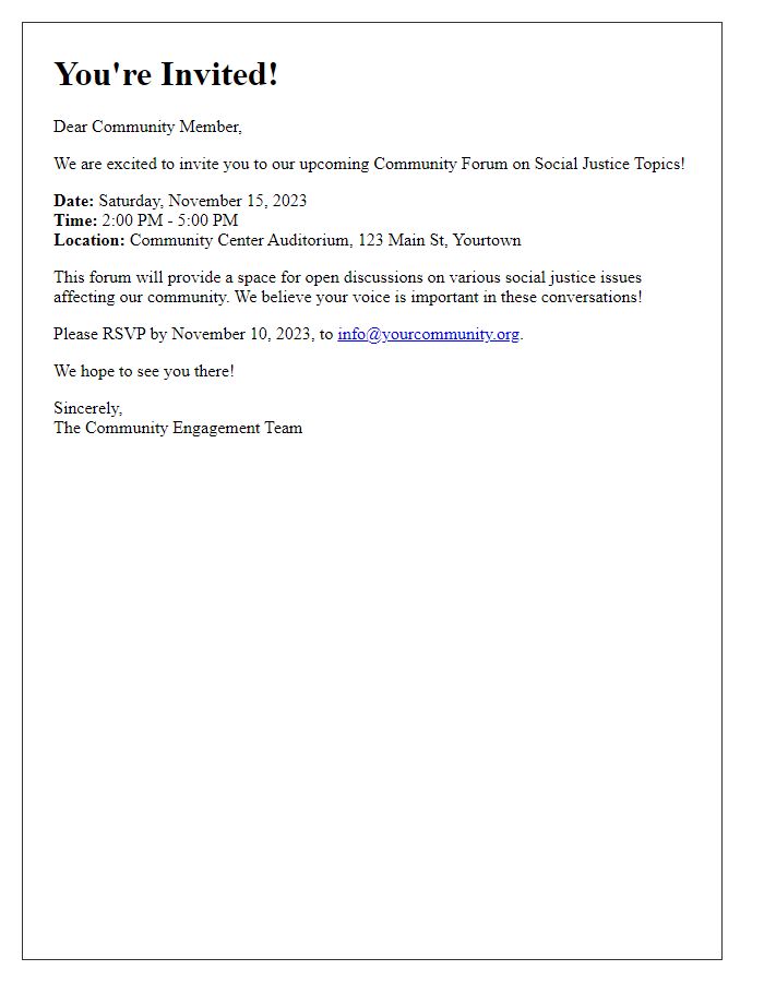 Letter template of invitation to a community forum on social justice topics.