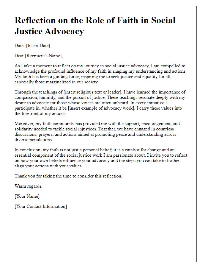 Letter template of reflection on the role of faith in social justice advocacy.