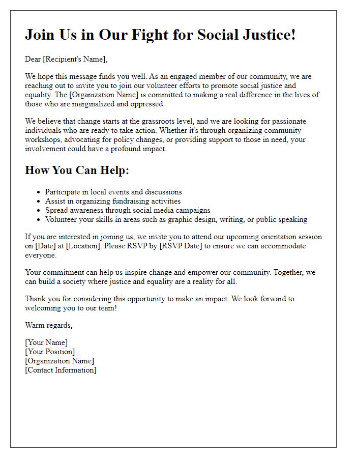 Letter template of volunteer recruitment for social justice efforts in the community.